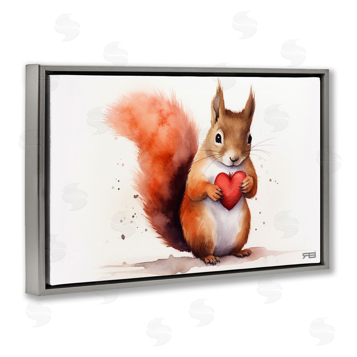 Squirrel Holding Heart Grey Floating Frame Canvas Wall Art, Home Decor by Roozbeh Bahramali