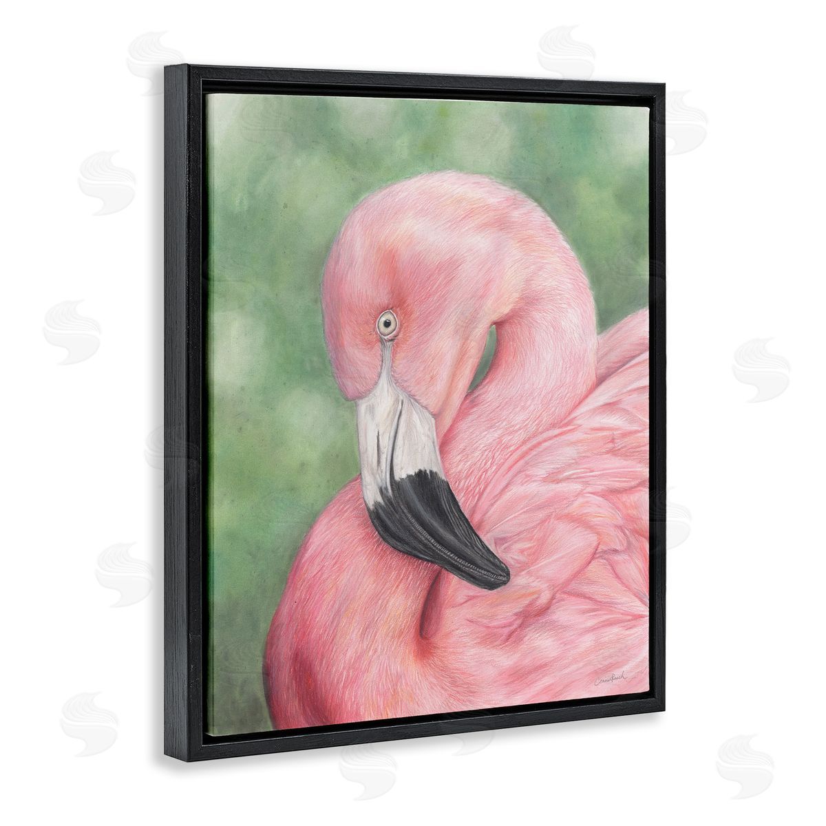 Blushing Flamingo Visage Black Floating Frame Canvas Wall Art, Home Decor by Connie Resch