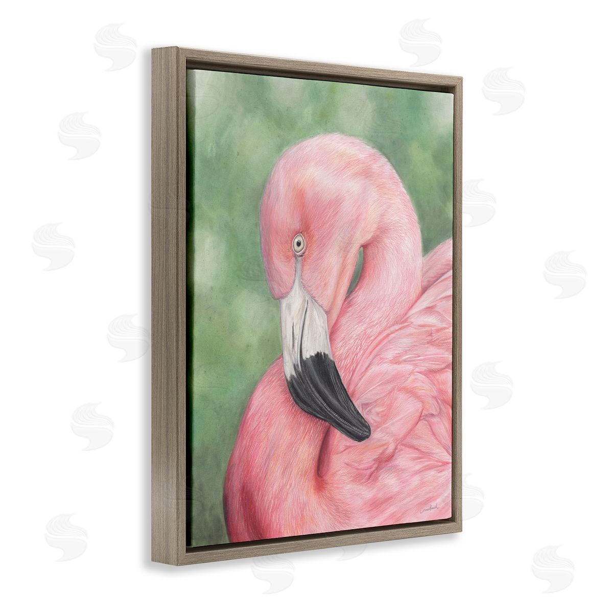 Blushing Flamingo Visage Brown Floating Frame Canvas Wall Art, Home Decor by Connie Resch