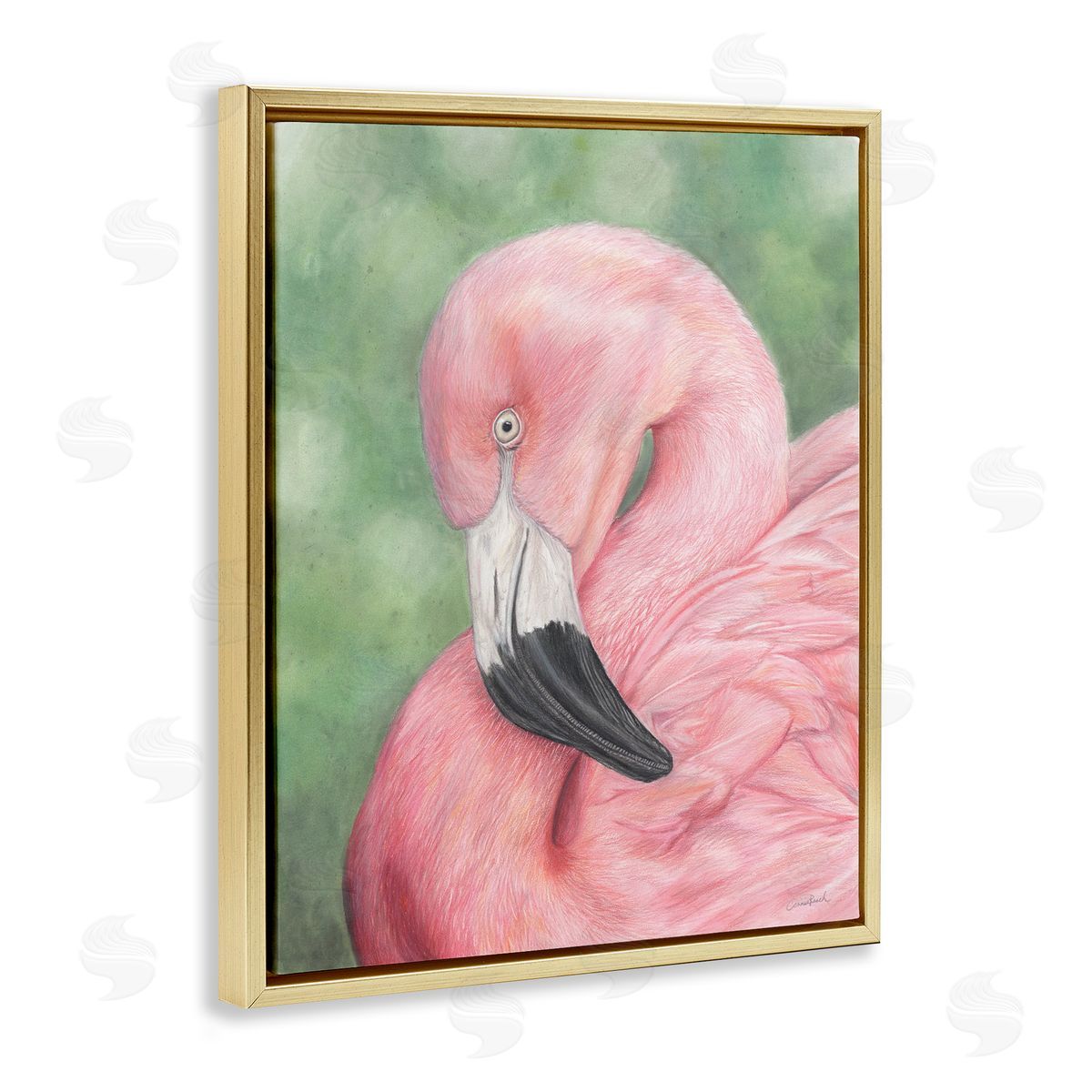 Blushing Flamingo Visage Gold Floating Frame Canvas Wall Art, Home Decor by Connie Resch
