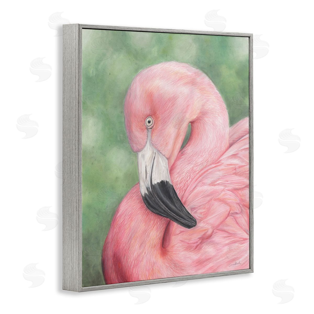 Blushing Flamingo Visage Grey Frame Print Wall Art, Home Decor by Connie Resch