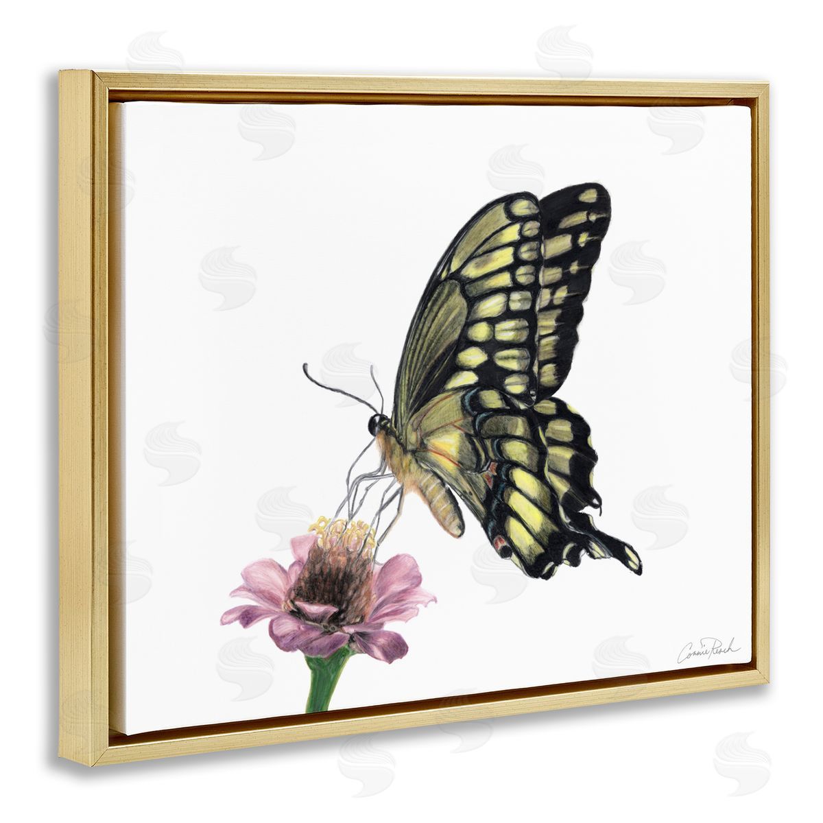 Minimal Butterfly and Flower Gold Floating Frame Canvas Wall Art, Home Decor by Connie Resch