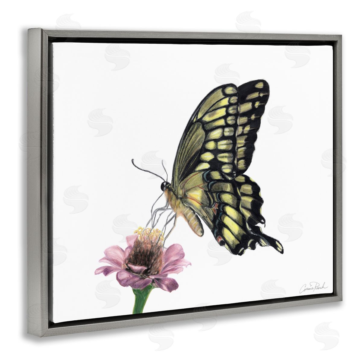 Minimal Butterfly and Flower Grey Floating Frame Canvas Wall Art, Home Decor by Connie Resch