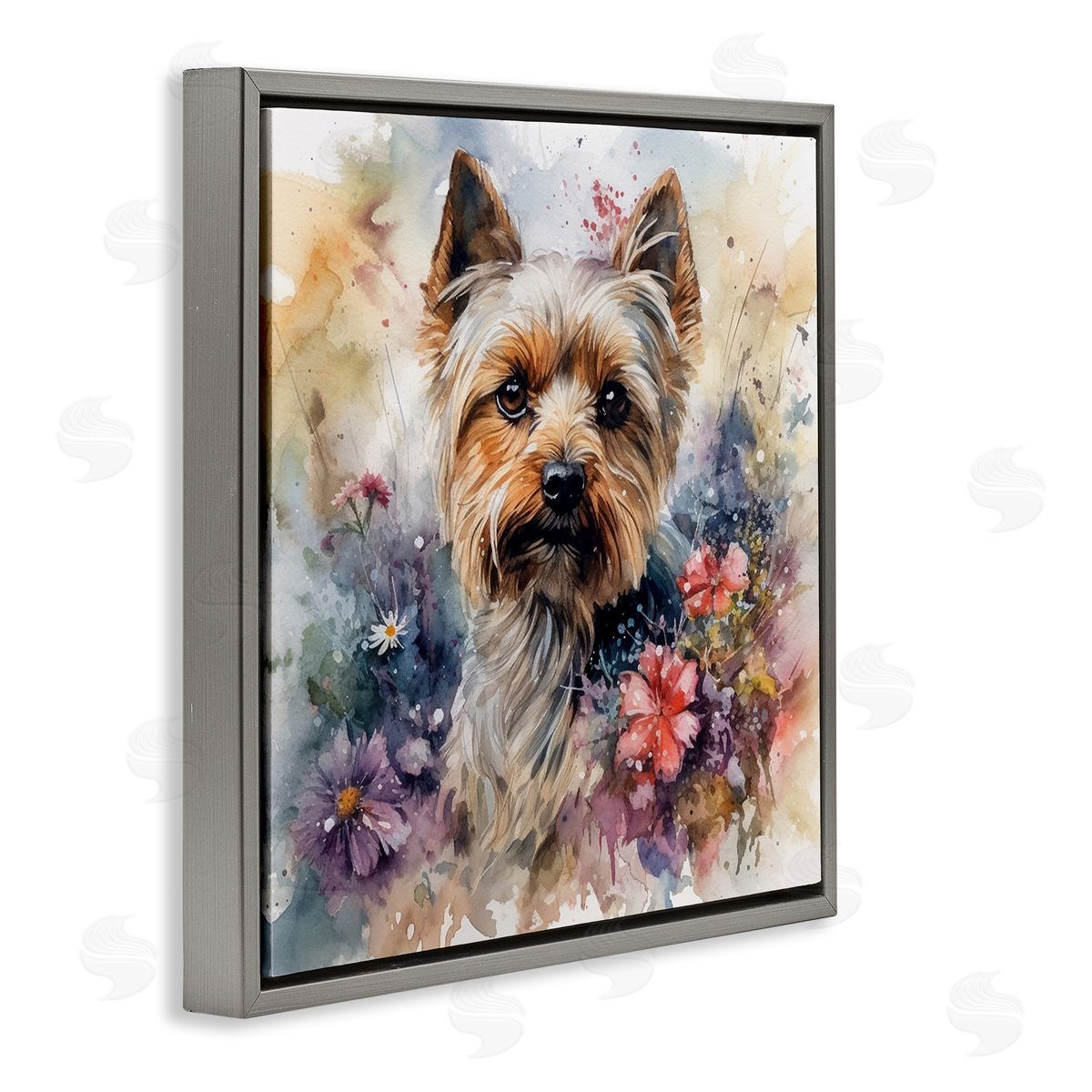 Floral Adorned Yorkie Grey Floating Frame Canvas Wall Art, Home Decor by Ryley Gray