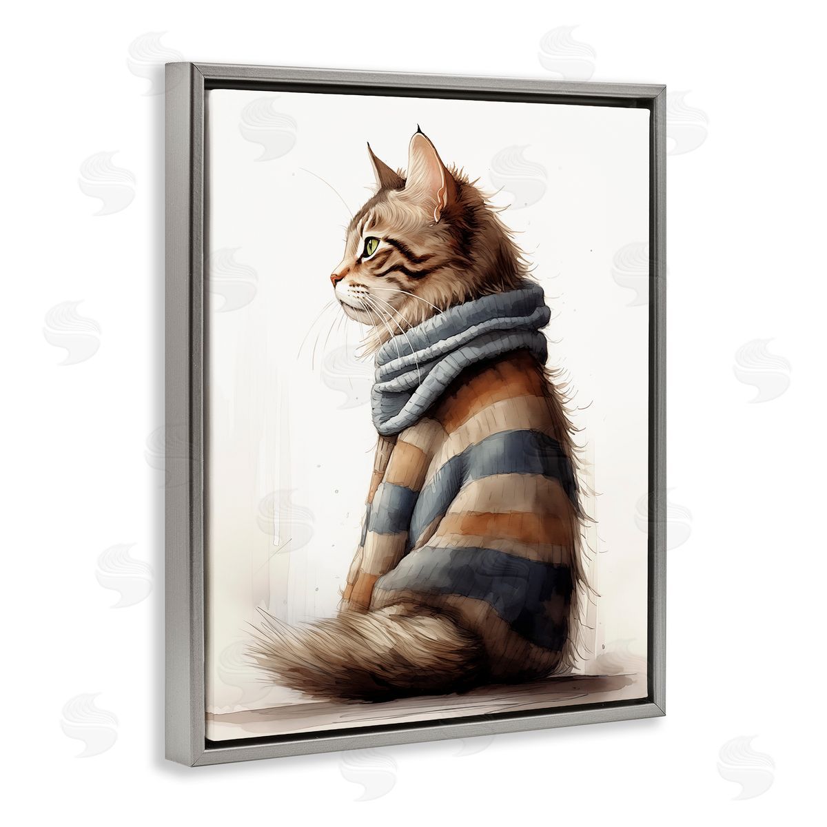 Cat in Striped Sweater Grey Floating Frame Canvas Wall Art, Home Decor by Sasha