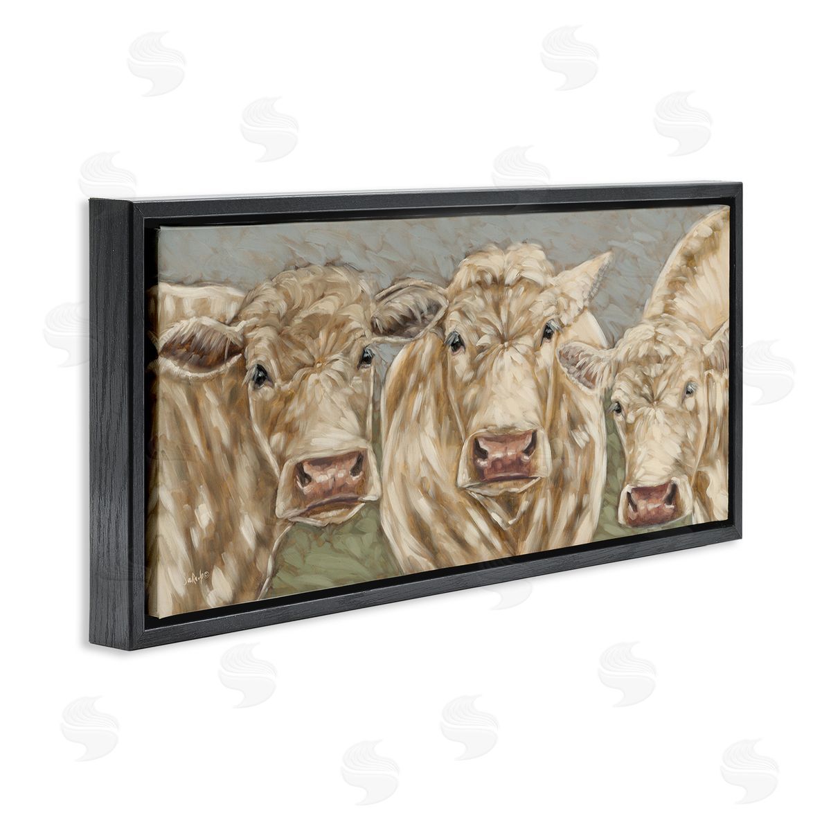 Beige Cow Trio Black Floating Frame Canvas Wall Art, Home Decor by Sara G. Designs