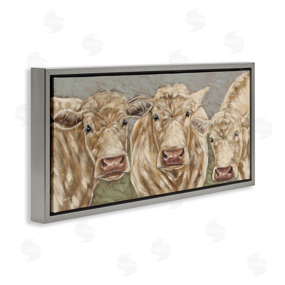 Beige Cow Trio Grey Floating Frame Canvas Wall Art, Home Decor by Sara G. Designs