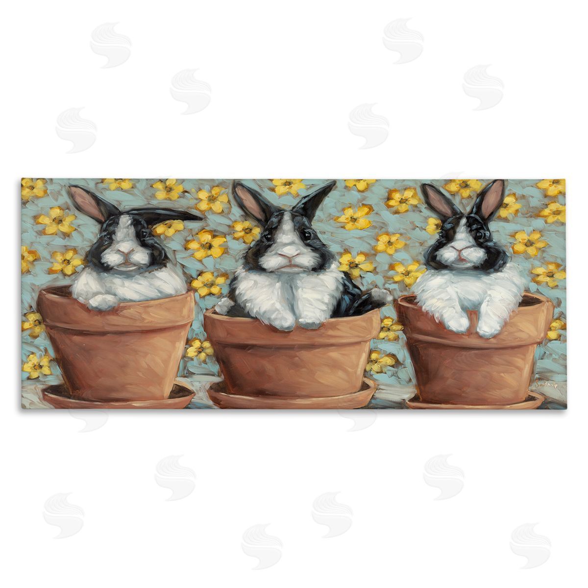 Three Bunnies in Pots Canvas Wall Art, Home Decor by Sara G. Designs