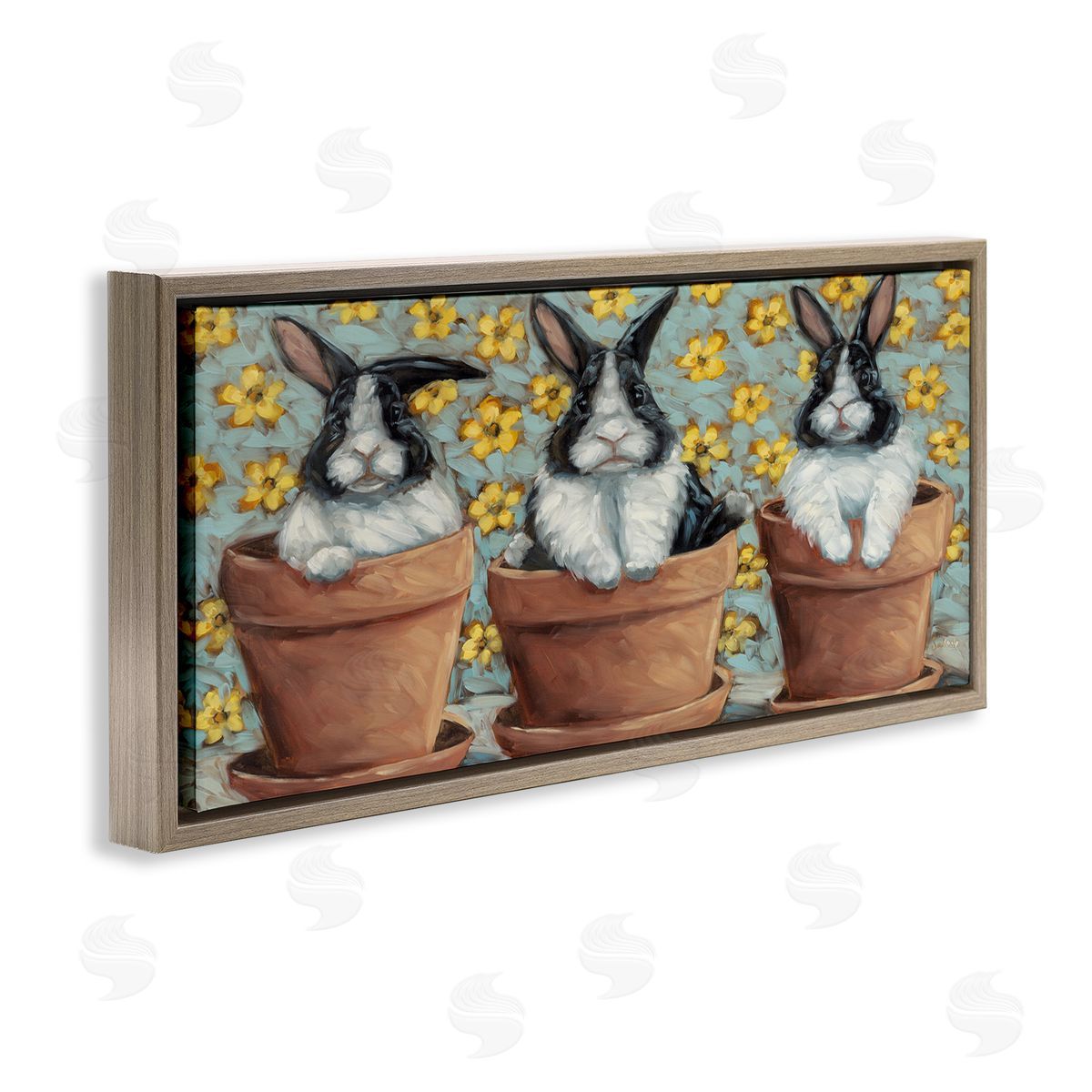 Three Bunnies in Pots Brown Floating Frame Canvas Wall Art, Home Decor by Sara G. Designs