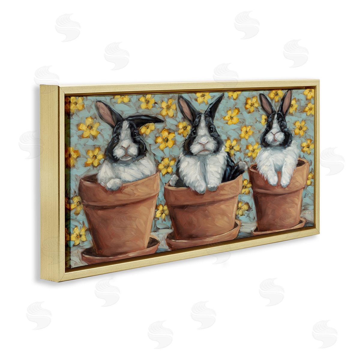 Three Bunnies in Pots Gold Floating Frame Canvas Wall Art, Home Decor by Sara G. Designs