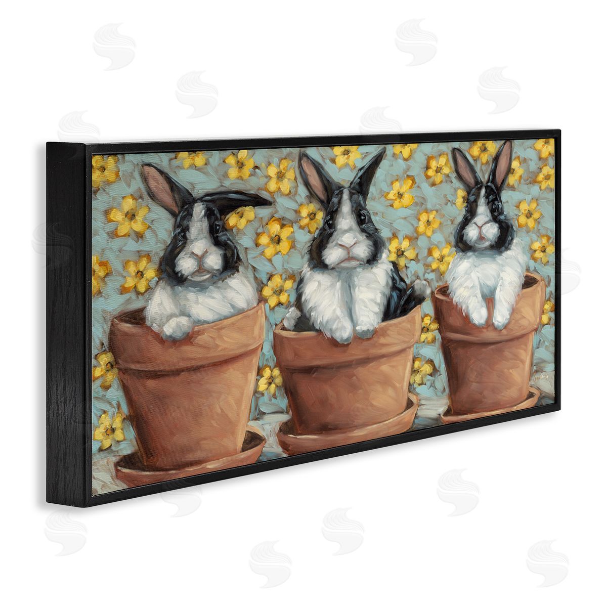 Three Bunnies in Pots Black Frame Print Wall Art, Home Decor by Sara G. Designs