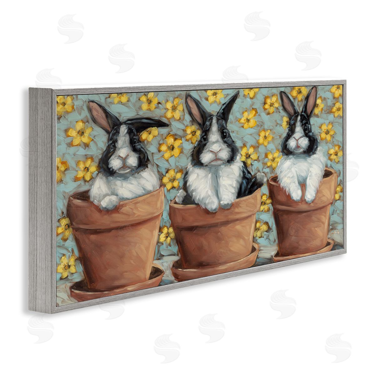 Three Bunnies in Pots Grey Frame Print Wall Art, Home Decor by Sara G. Designs