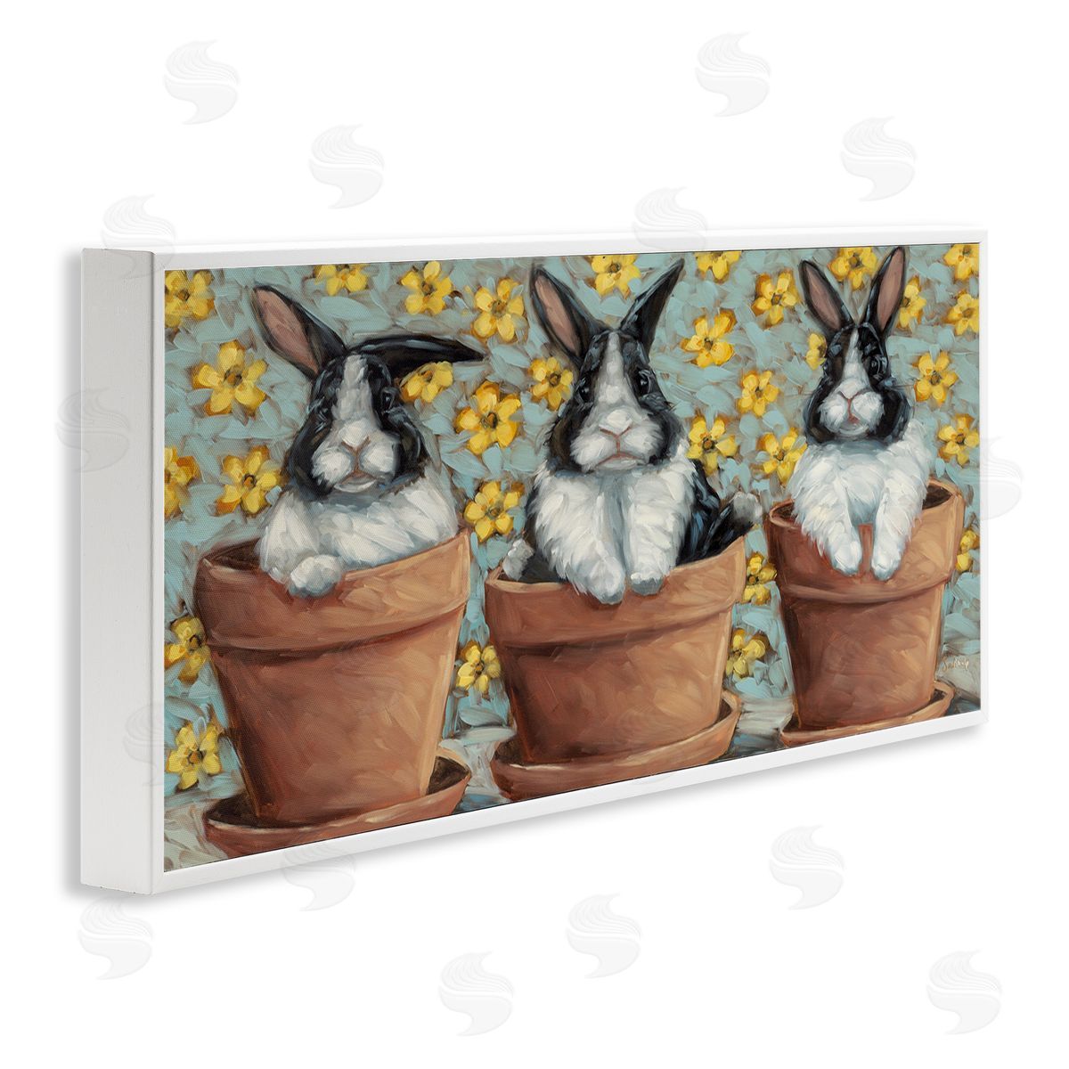 Three Bunnies in Pots White Frame Print Wall Art, Home Decor by Sara G. Designs