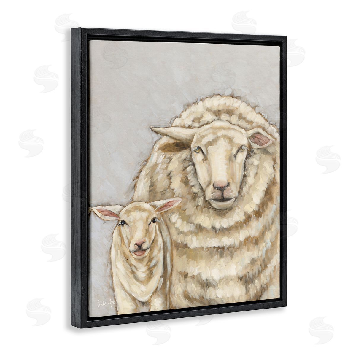 Neutral Sheep and Lamb Black Floating Frame Canvas Wall Art, Home Decor by Sara G. Designs