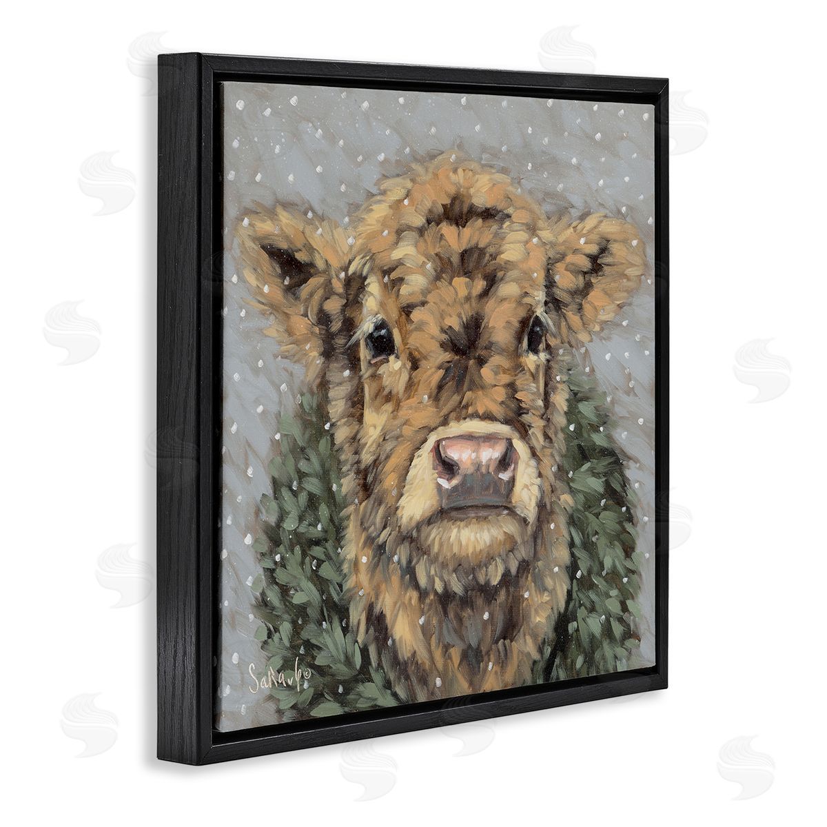 Snowy Cattle and Wreath Black Floating Frame Canvas Wall Art, Home Decor by Sara G. Designs