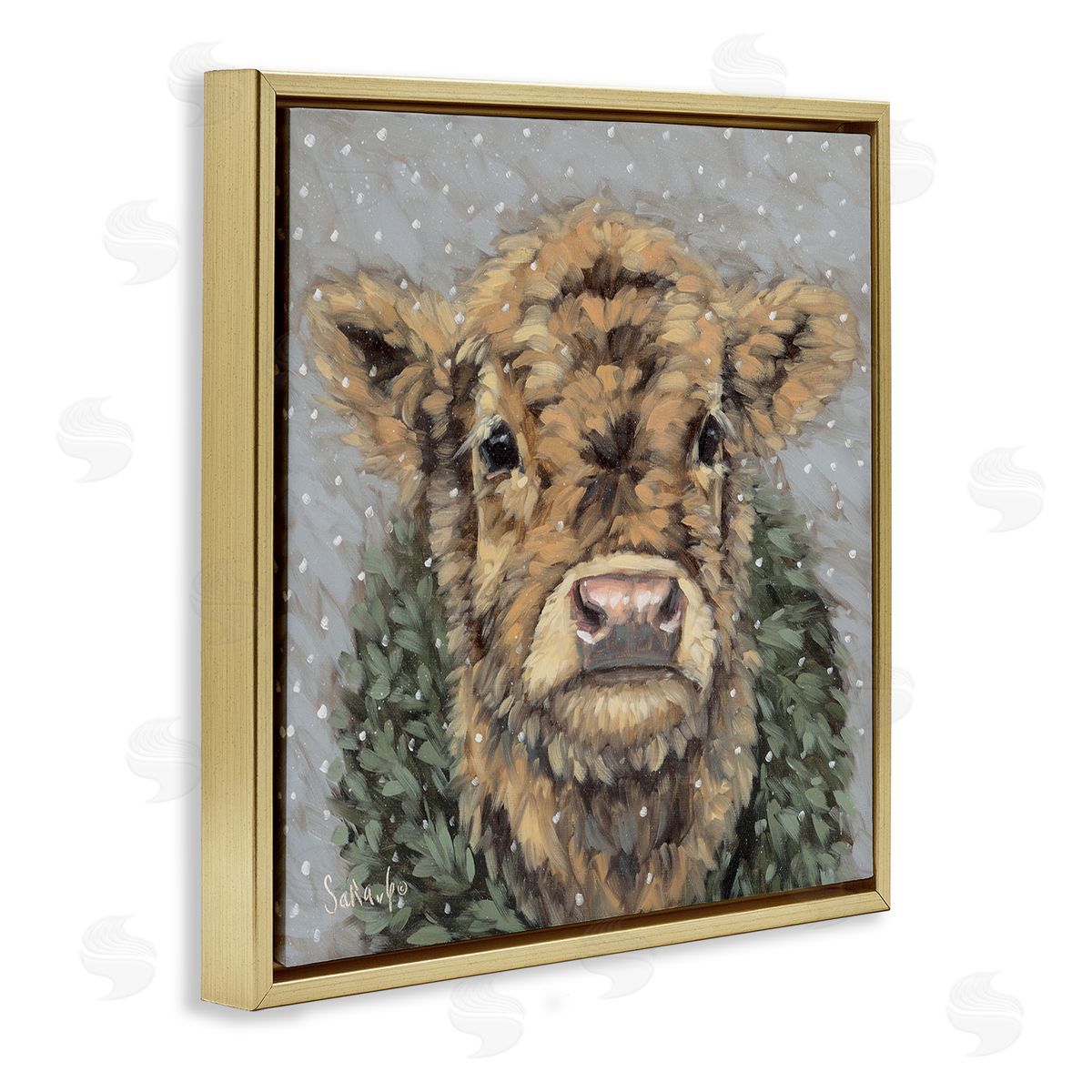Snowy Cattle and Wreath Gold Floating Frame Canvas Wall Art, Home Decor by Sara G. Designs