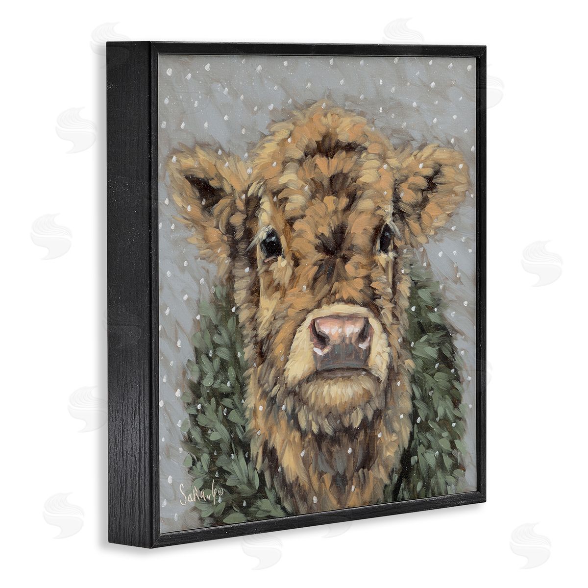 Snowy Cattle and Wreath Black Frame Print Wall Art, Home Decor by Sara G. Designs