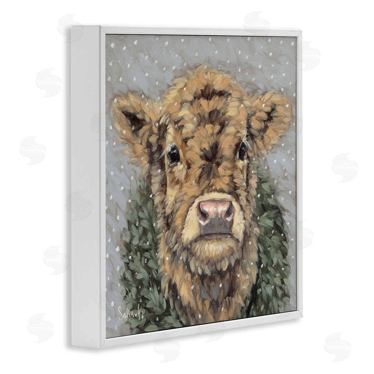 Snowy Cattle and Wreath White Frame Print Wall Art, Home Decor by Sara G. Designs