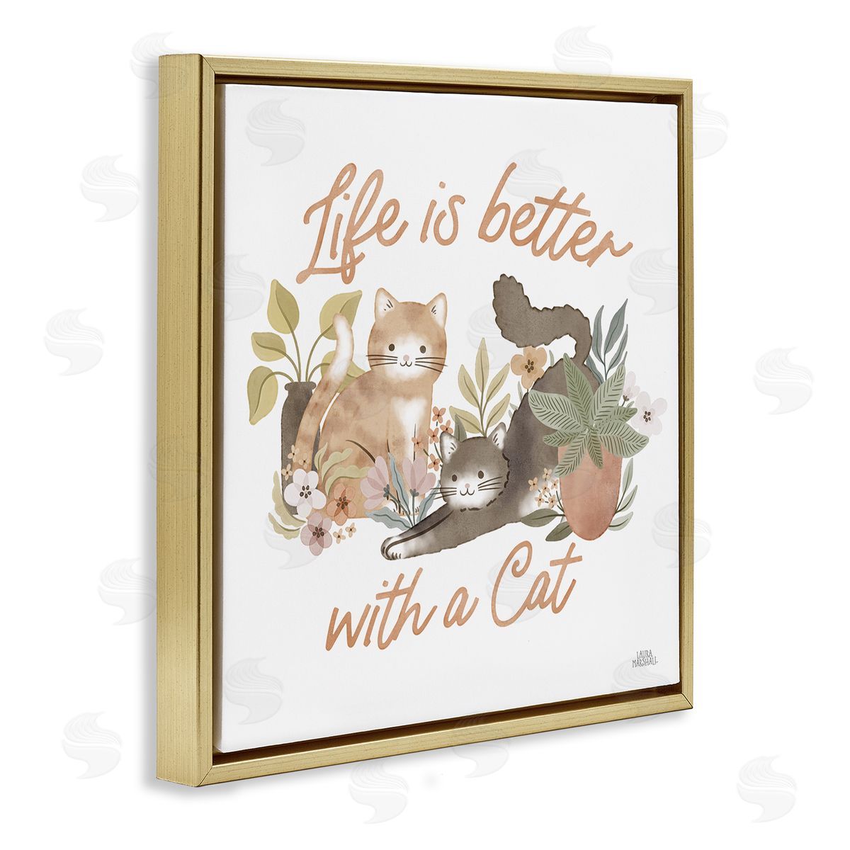 Better with Cat Phrase Gold Floating Frame Canvas Wall Art, Home Decor by Laura Marshall