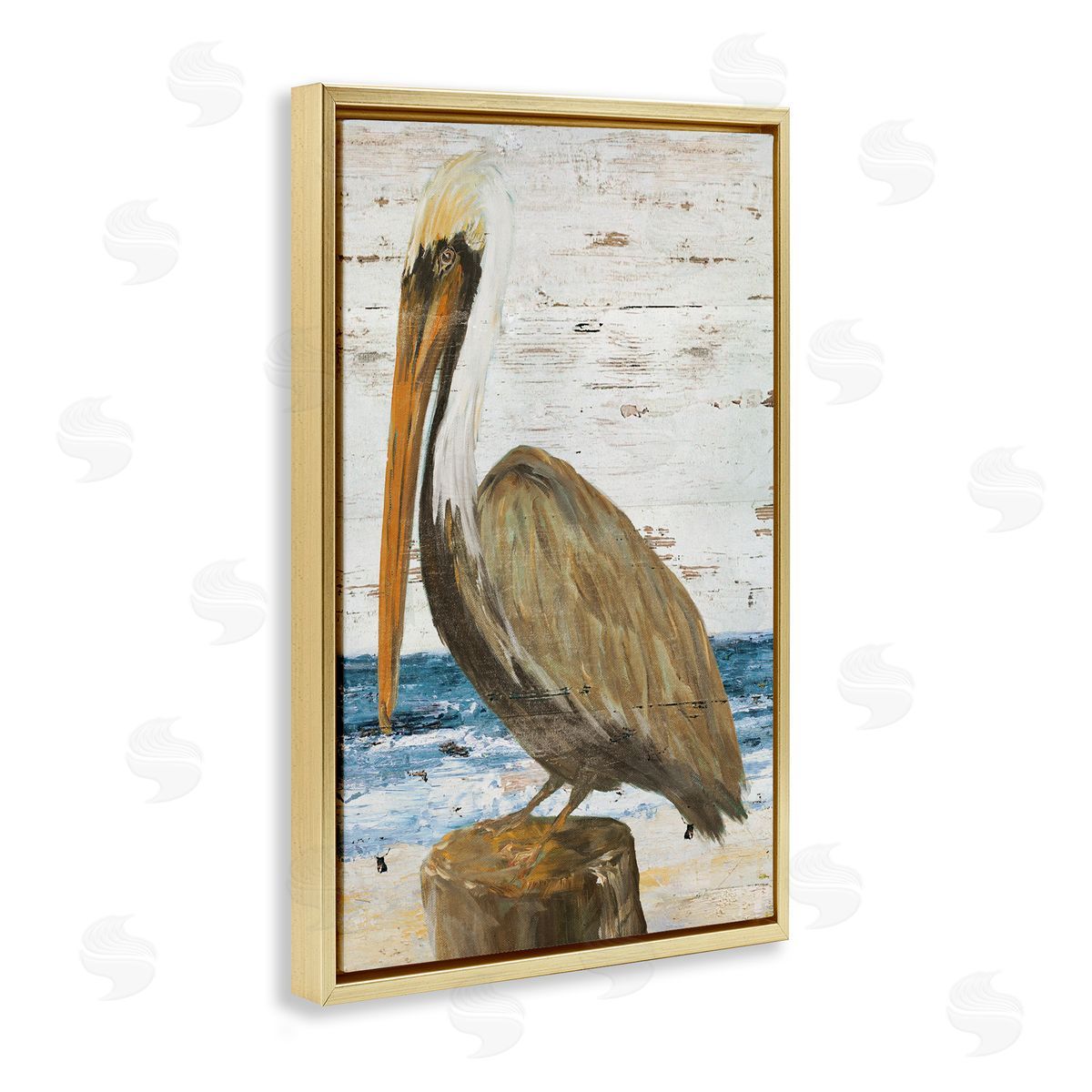 Rustic Ocean Pelican Gold Floating Frame Canvas Wall Art, Home Decor by Julie DeRice