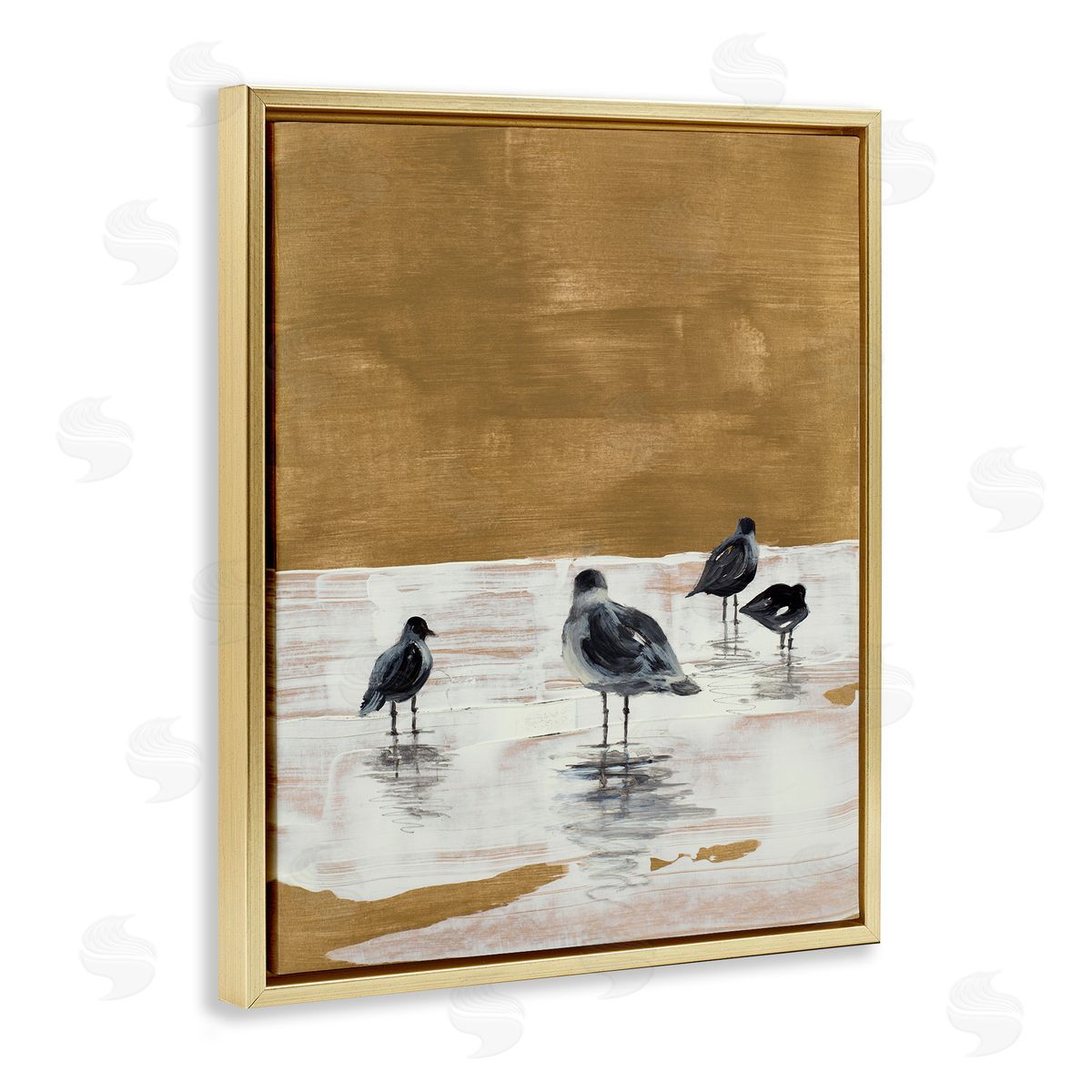 Sea Seagull Silhouettes Gold Floating Frame Canvas Wall Art, Home Decor by Lanie Loreth