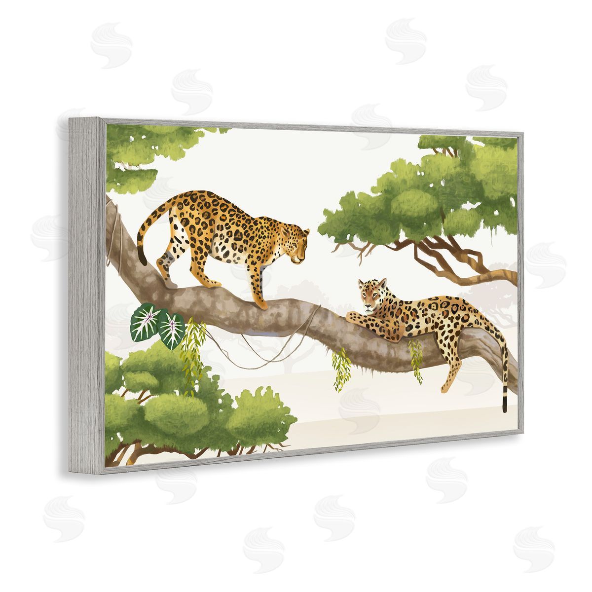 Leopards Prowling on Branch Grey Frame Print Wall Art, Home Decor by Lucca Shappard