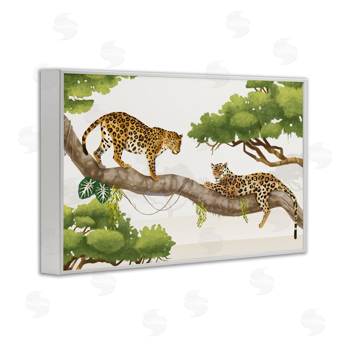 Leopards Prowling on Branch White Frame Print Wall Art, Home Decor by Lucca Shappard