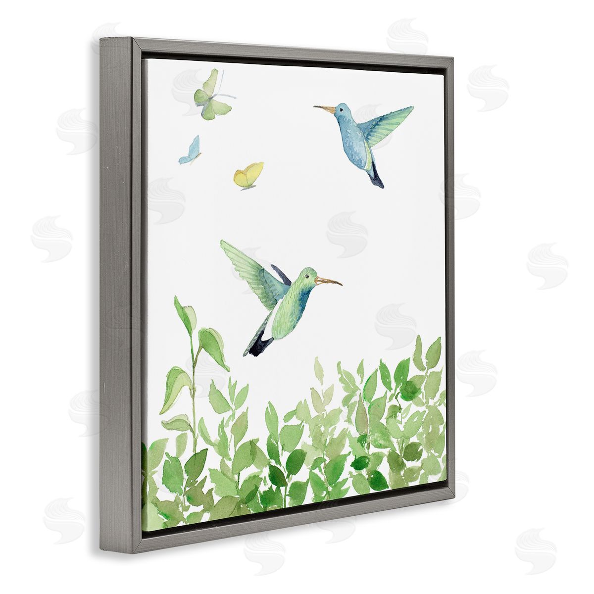 Spring Hummingbirds Scene Grey Floating Frame Canvas Wall Art, Home Decor by Lanie Loreth