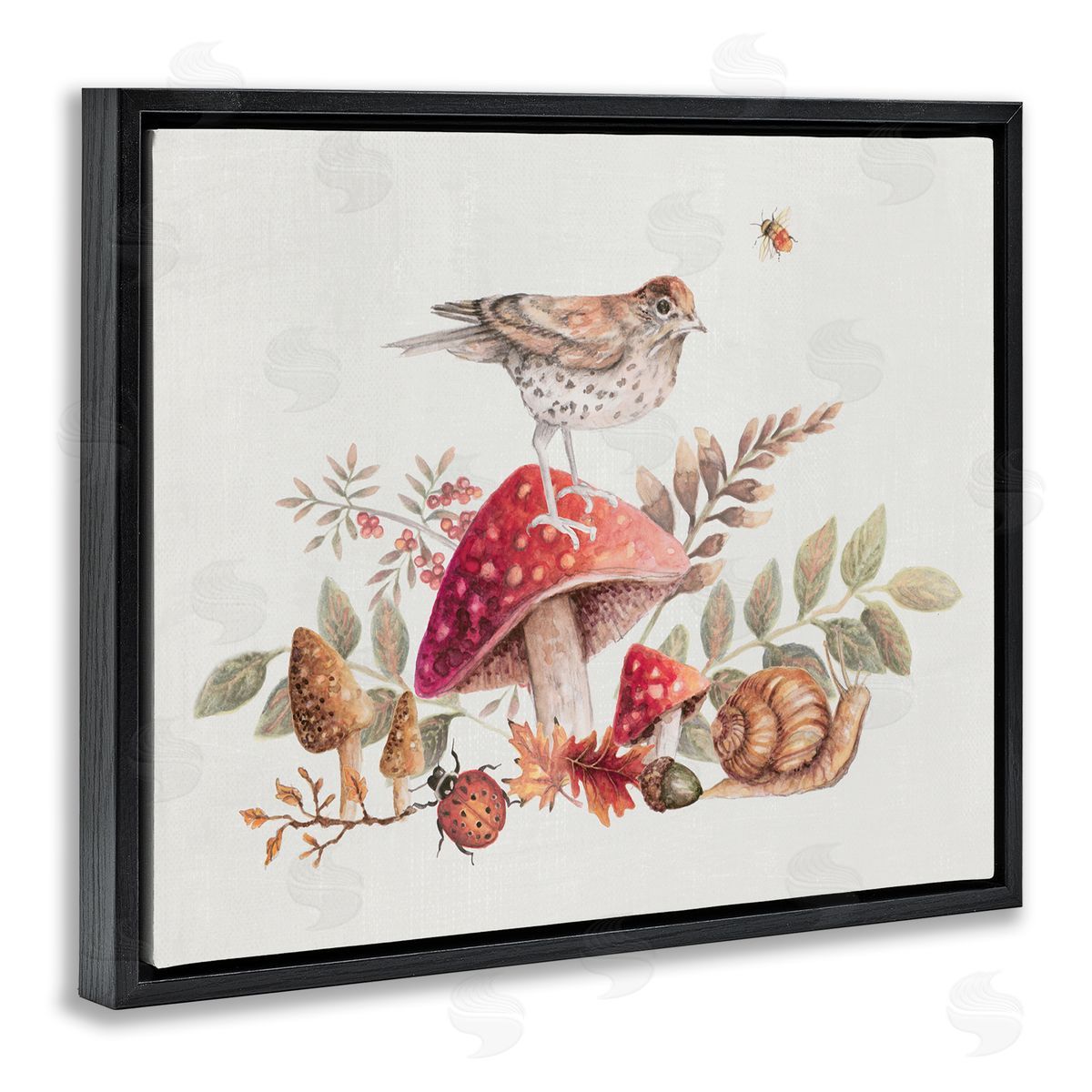 Rustic Botanicals and Bird Black Floating Frame Canvas Wall Art, Home Decor by Janice Gaynor