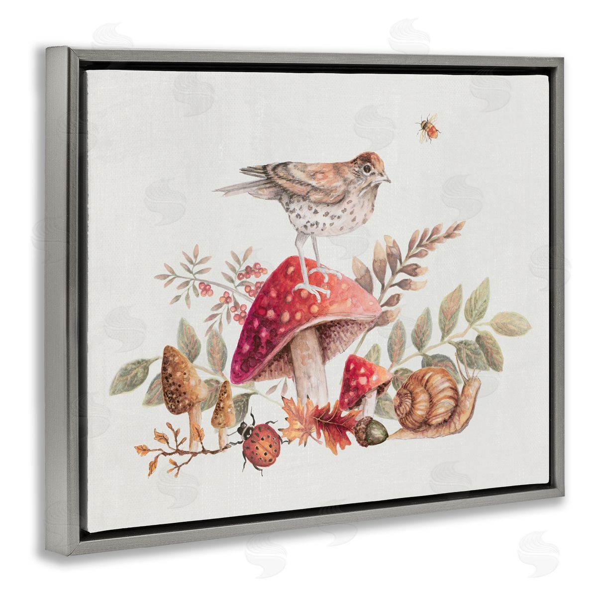 Rustic Botanicals and Bird Grey Floating Frame Canvas Wall Art, Home Decor by Janice Gaynor