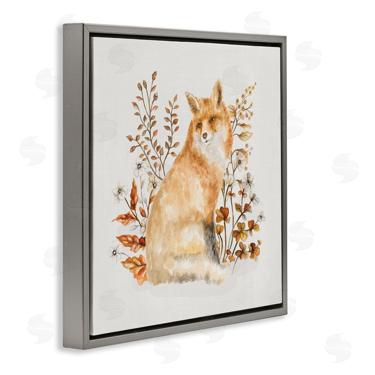 Rustic Fox and Botanicals Grey Floating Frame Canvas Wall Art, Home Decor by Janice Gaynor