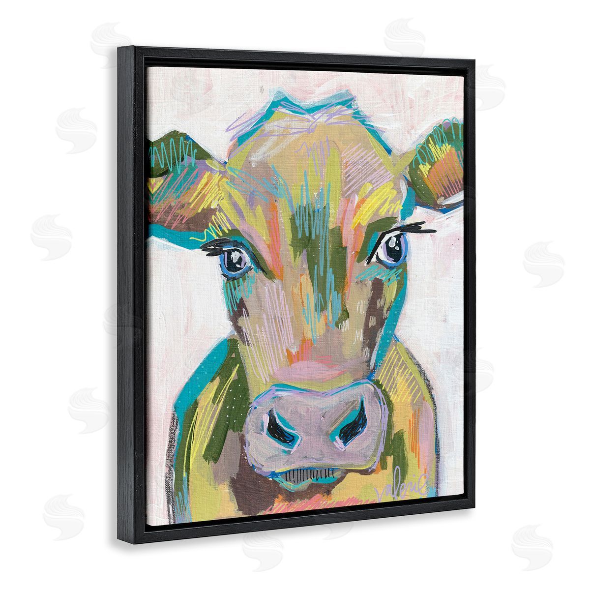 Vivid Cow Visage Black Floating Frame Canvas Wall Art, Home Decor by Valerie Weiners