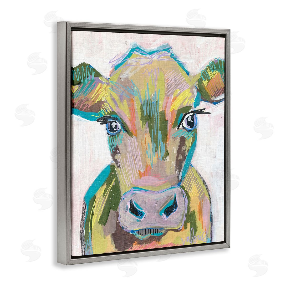 Vivid Cow Visage Grey Floating Frame Canvas Wall Art, Home Decor by Valerie Weiners