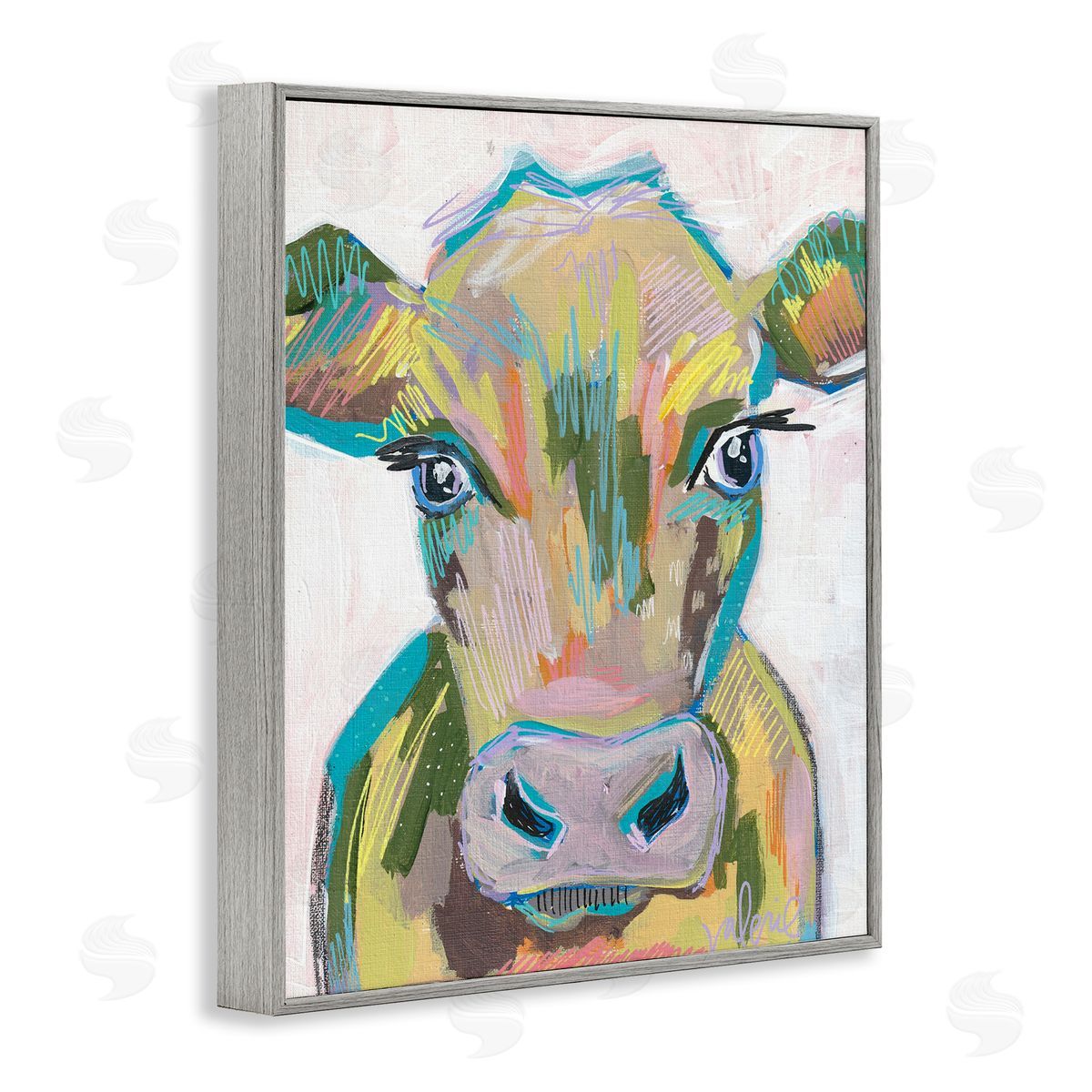 Vivid Cow Visage Grey Frame Print Wall Art, Home Decor by Valerie Weiners