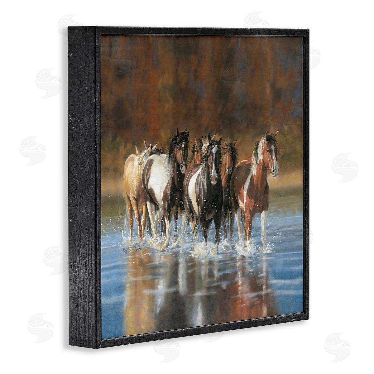 River and Horses Scenery Black Frame Print Wall Art, Home Decor by Victoria Schultz