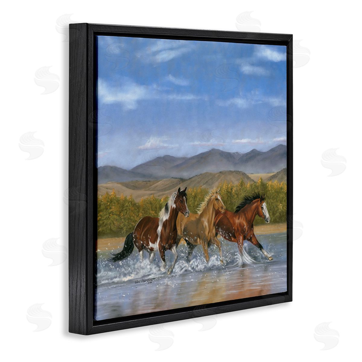Splashing River Horses Black Floating Frame Canvas Wall Art, Home Decor by Victoria Schultz