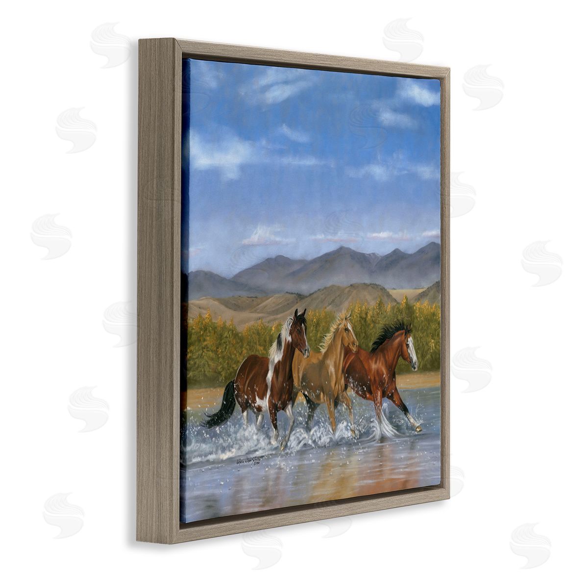 Splashing River Horses Brown Floating Frame Canvas Wall Art, Home Decor by Victoria Schultz