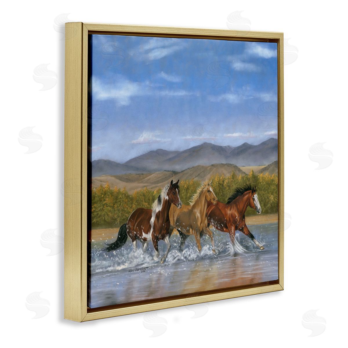 Splashing River Horses Gold Floating Frame Canvas Wall Art, Home Decor by Victoria Schultz