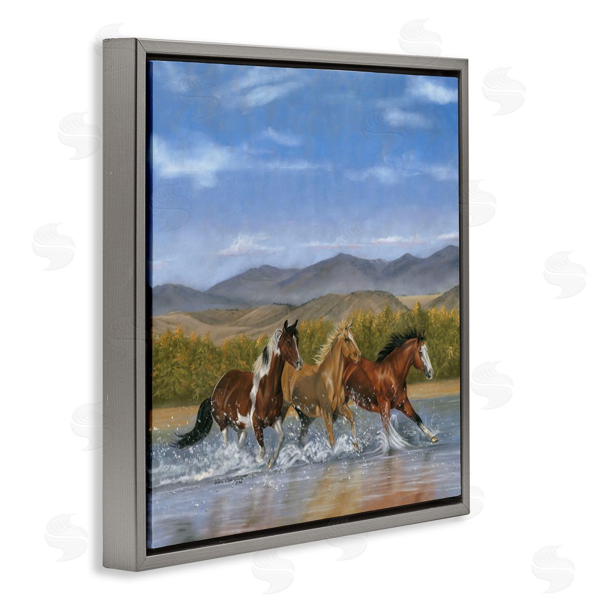 Splashing River Horses Grey Floating Frame Canvas Wall Art, Home Decor by Victoria Schultz