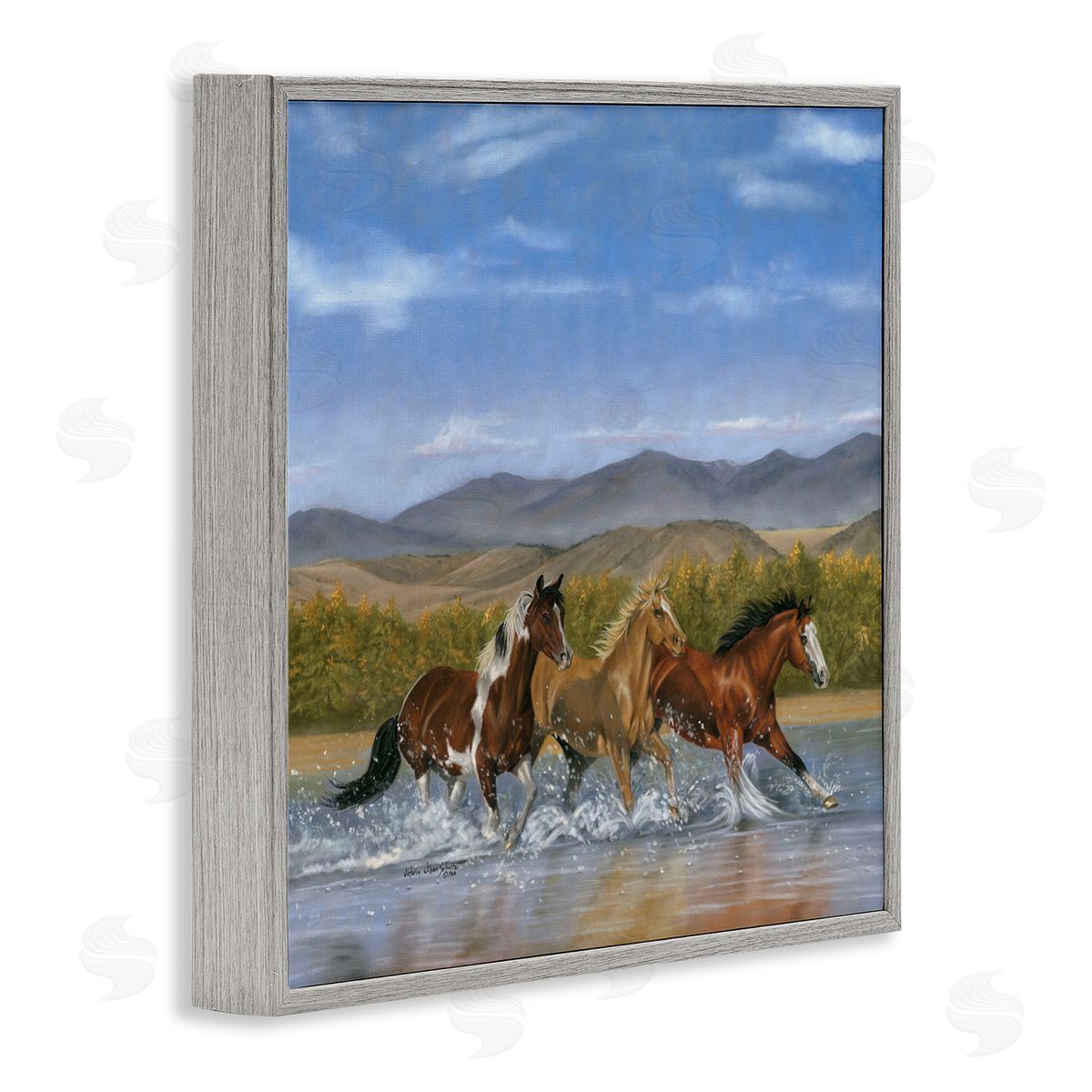 Splashing River Horses Grey Frame Print Wall Art, Home Decor by Victoria Schultz