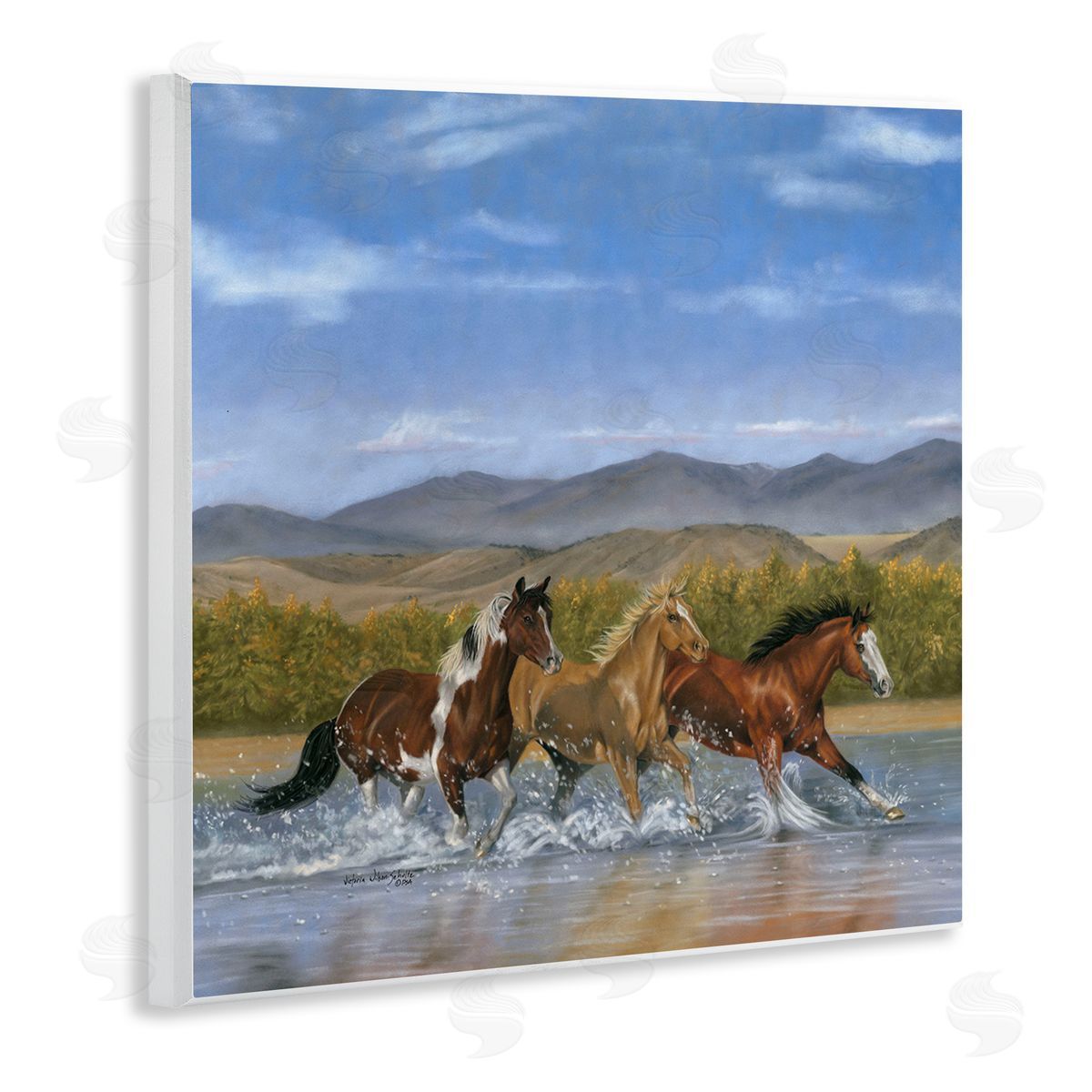 Splashing River Horses Wood Plaque Wall Art, Home Decor by Victoria Schultz