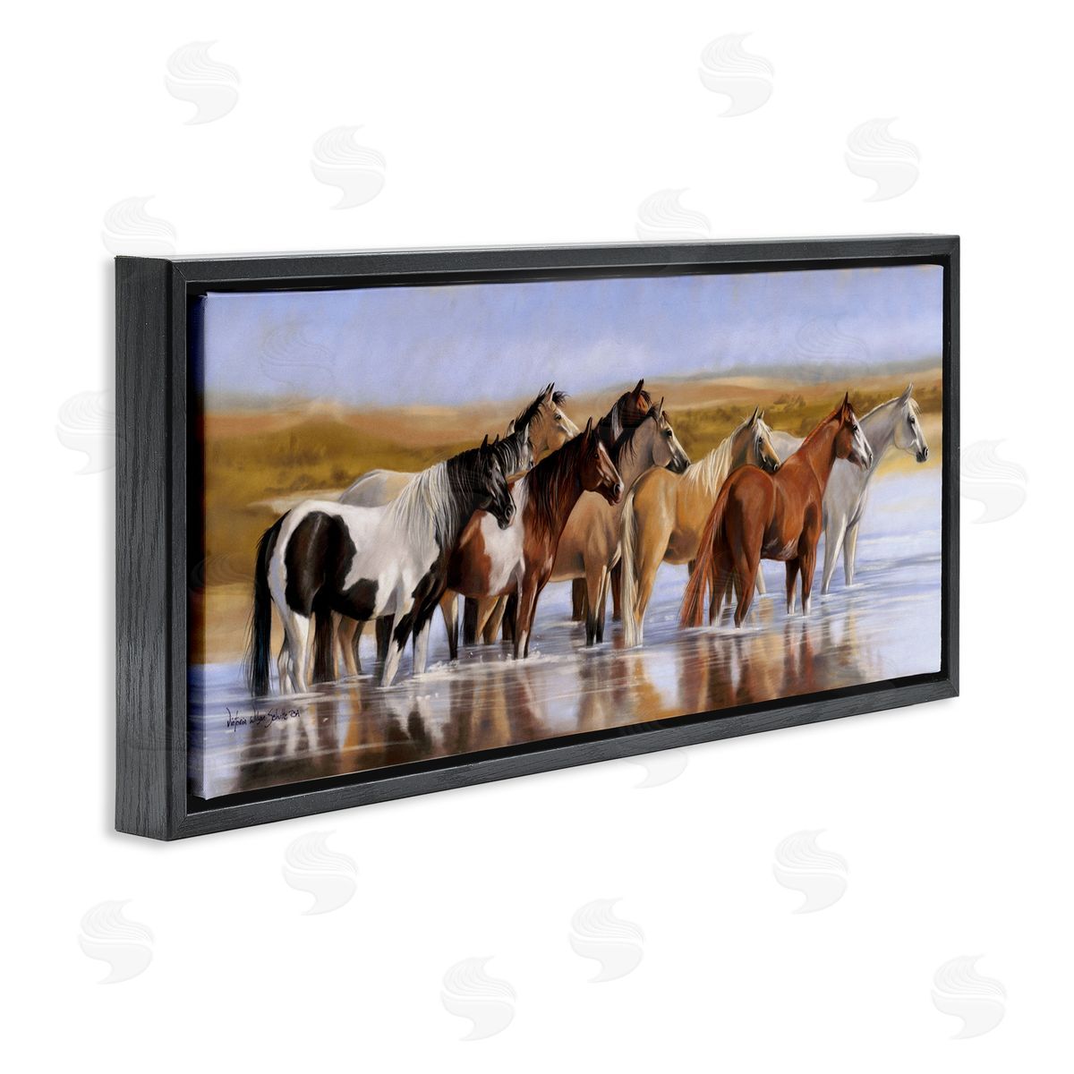 Horse Herd in River Black Floating Frame Canvas Wall Art, Home Decor by Victoria Schultz