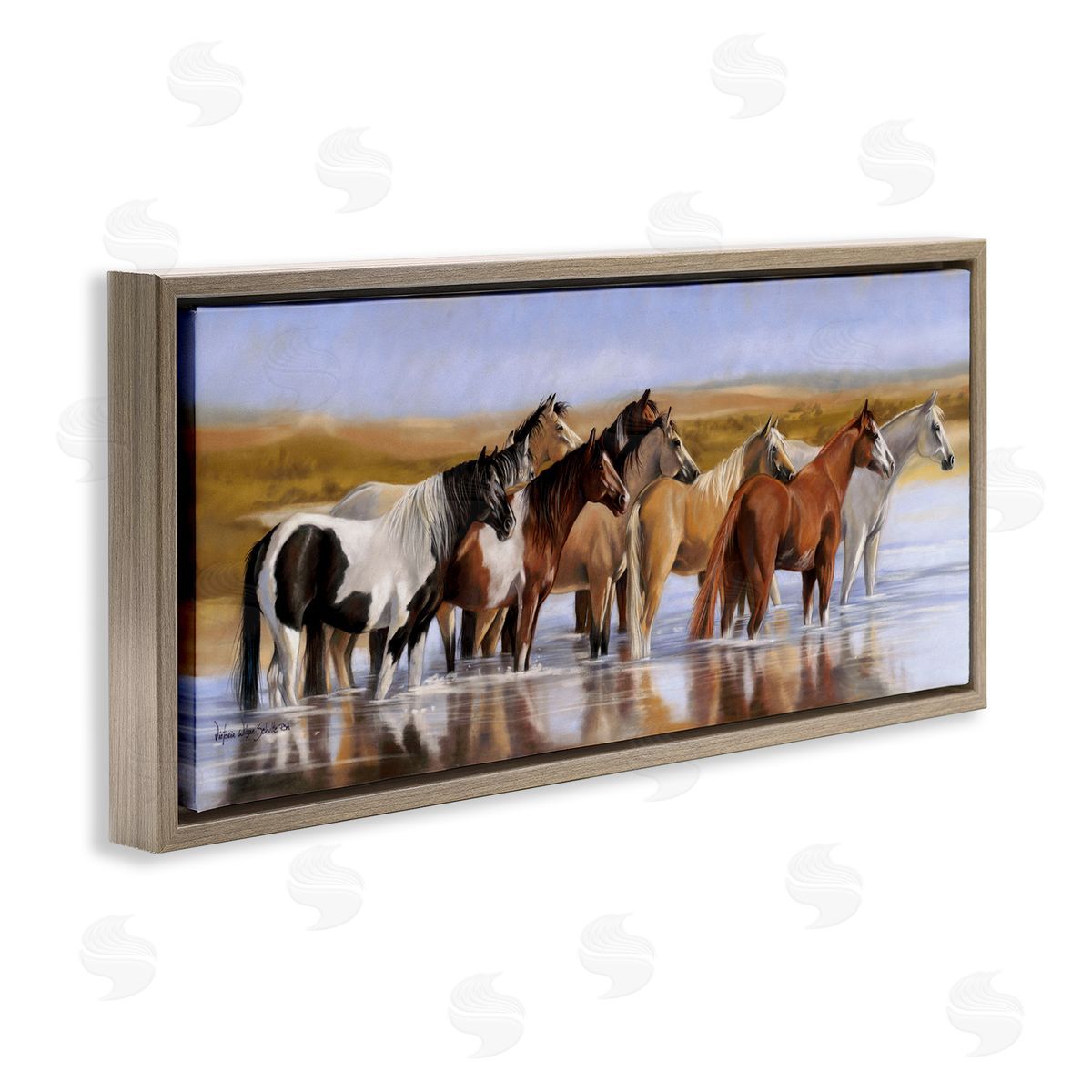 Horse Herd in River Brown Floating Frame Canvas Wall Art, Home Decor by Victoria Schultz