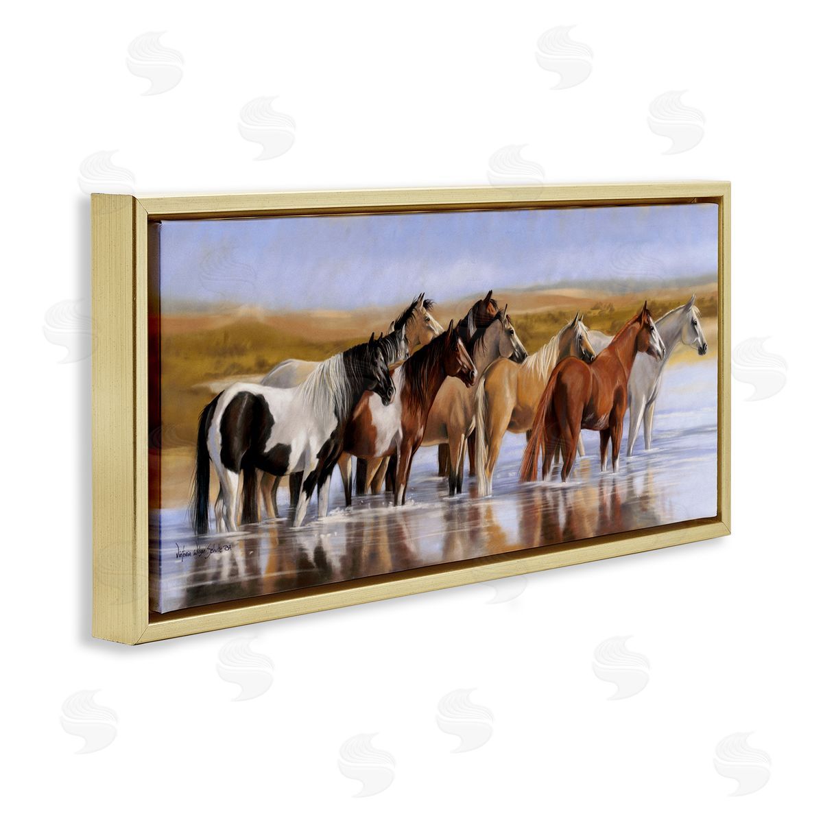 Horse Herd in River Gold Floating Frame Canvas Wall Art, Home Decor by Victoria Schultz