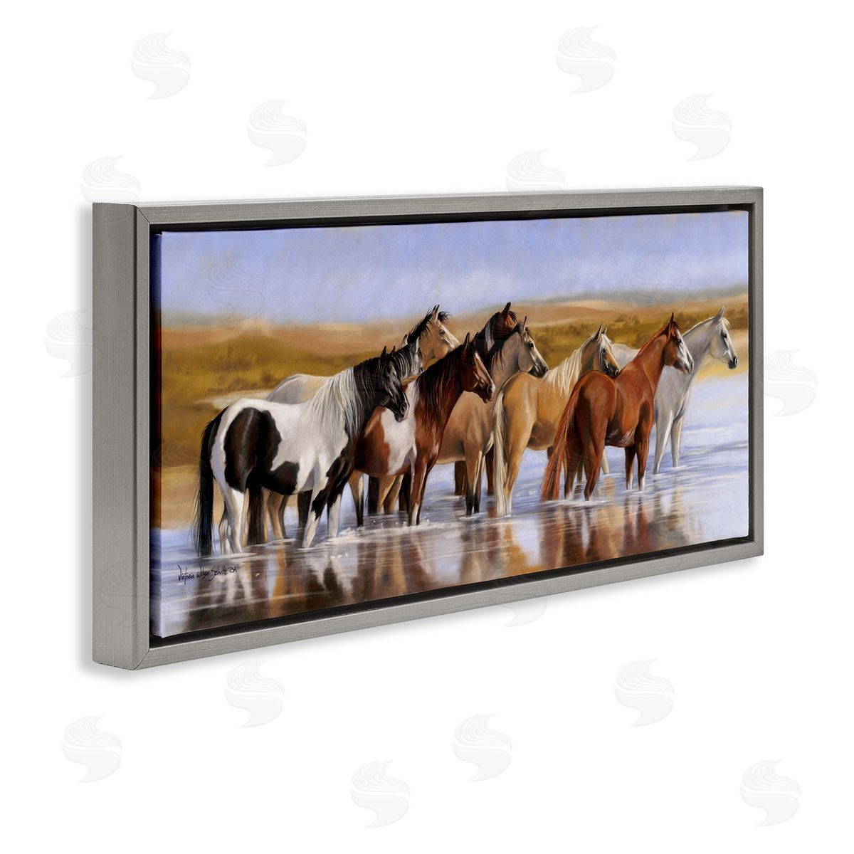 Horse Herd in River Grey Floating Frame Canvas Wall Art, Home Decor by Victoria Schultz