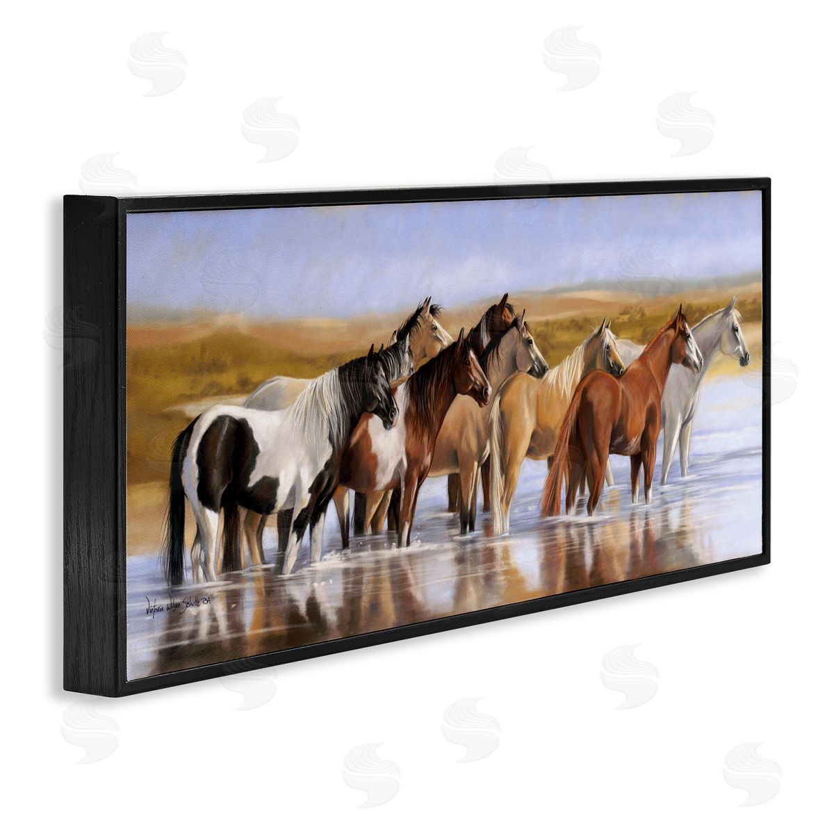 Horse Herd in River Black Frame Print Wall Art, Home Decor by Victoria Schultz