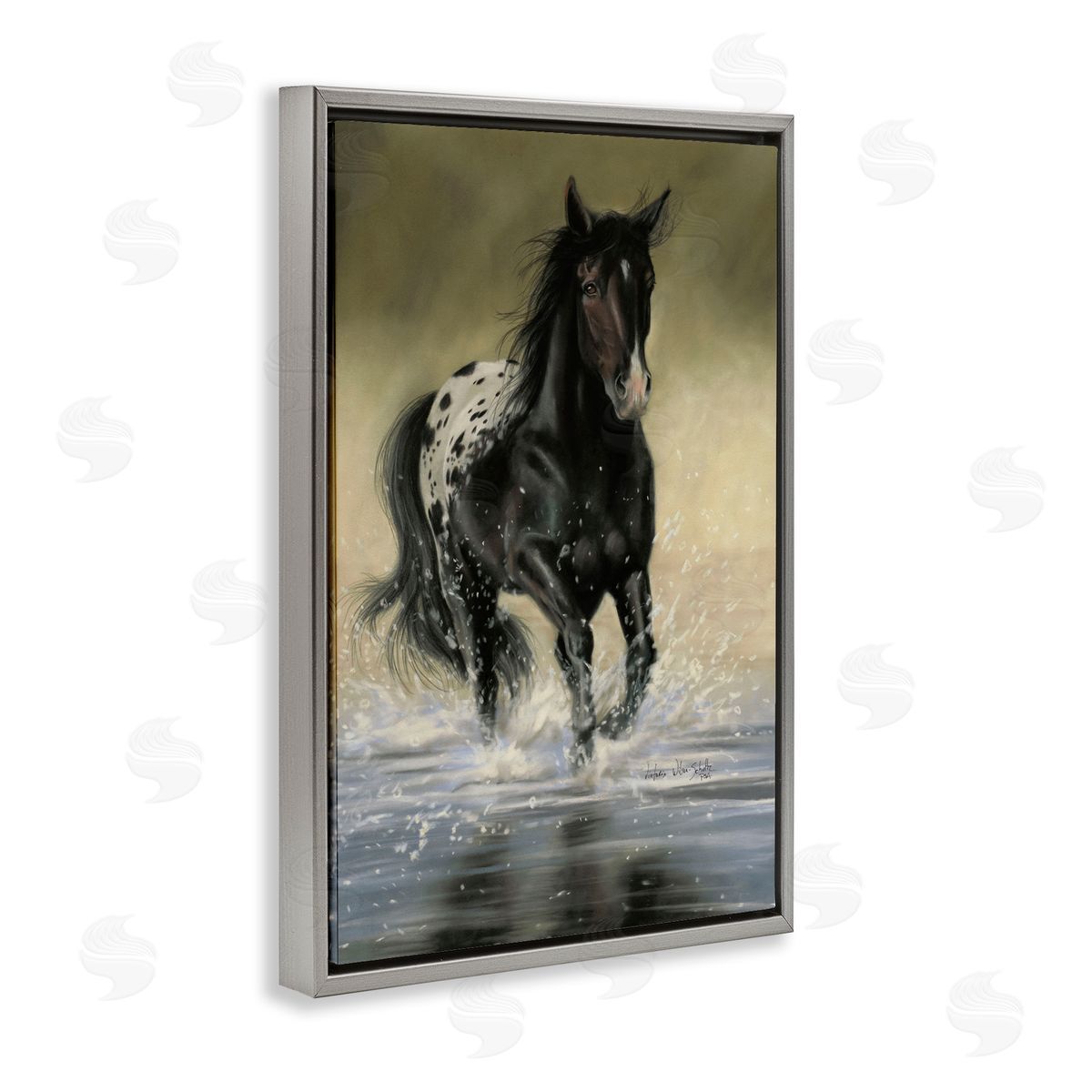 Splashing Galloping Horse Grey Floating Frame Canvas Wall Art, Home Decor by Victoria Schultz