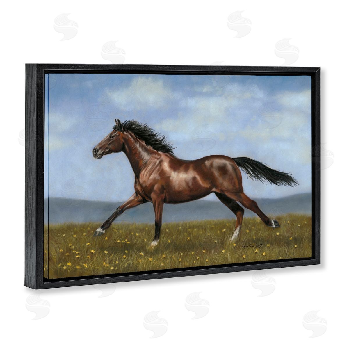 Brown Running Mare Black Floating Frame Canvas Wall Art, Home Decor by Victoria Schultz