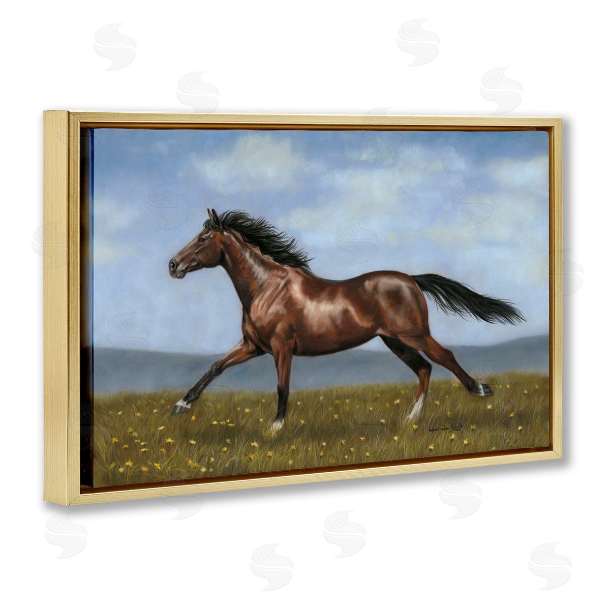 Brown Running Mare Gold Floating Frame Canvas Wall Art, Home Decor by Victoria Schultz