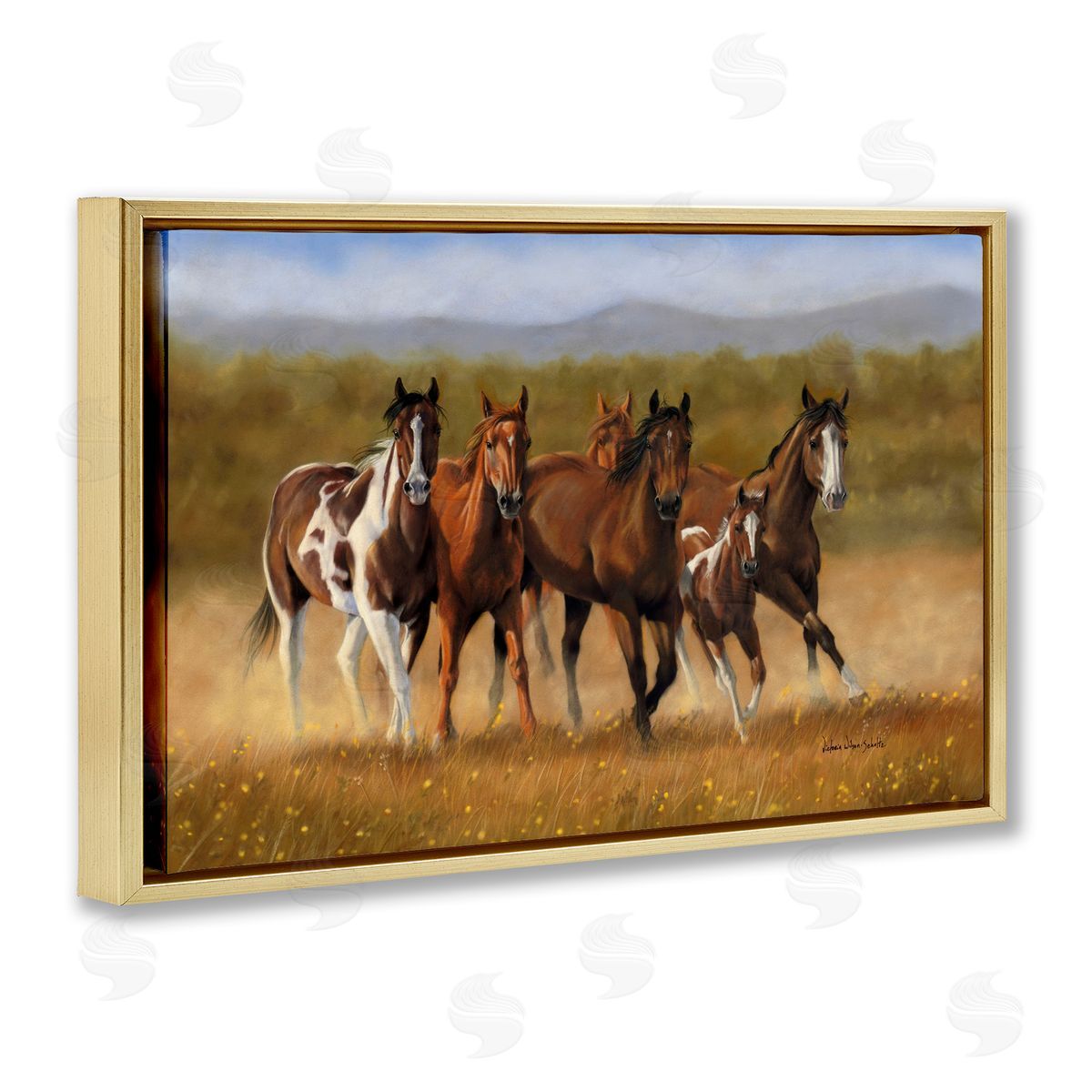 Foal's First Run Gold Floating Frame Canvas Wall Art, Home Decor by Victoria Schultz